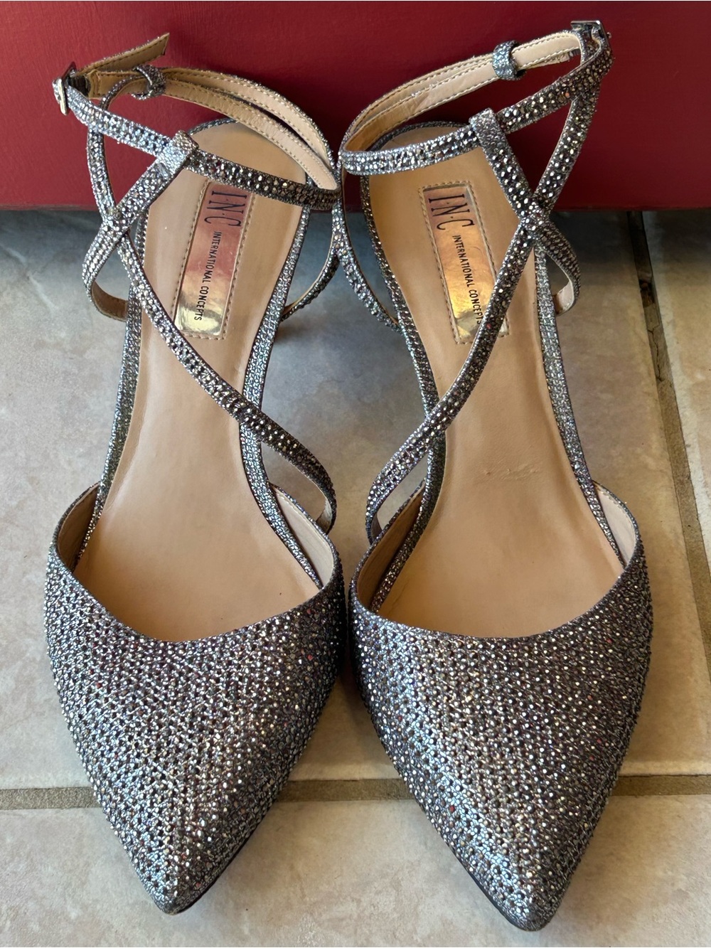 INC International Concepts s9 Silver Crystal Strappy Pointed-Toe Heels-sparkly!